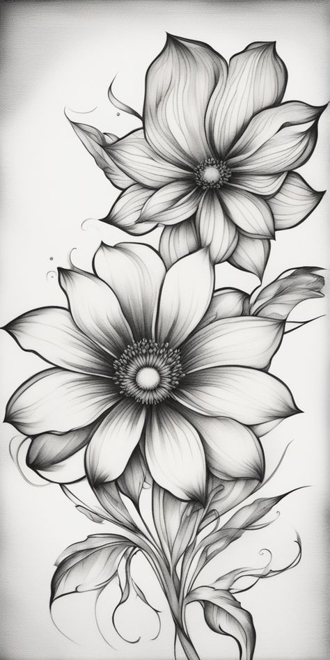 A blackwork style tattoo design on a blank canvas featuring a monochrome flower. The black and white contrast highlights the intricate details of the floral pattern. Pencil Shading Flowers Easy, Floral Drawing Design, Dot Drawings, Contrast Highlights, Realistic Flower Drawing, Black Sketchbook, Small Sketchbook, Dotted Drawings, Garden Tattoos