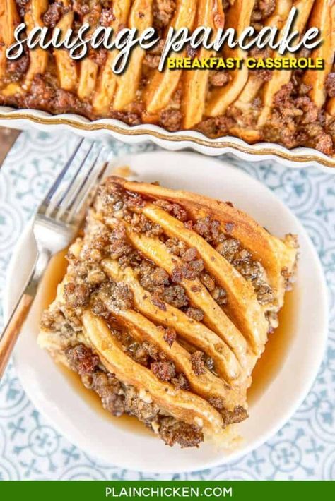 Overnight Sausage Pancake Breakfast Casserole - this is seriously delicious! Tastes like a Sausage McGriddle with egg. Frozen pancakes, maple sausage, eggs, heavy cream, milk, vanilla, sugar, and maple syrup. Assemble the casserole and refrigerate overnight before baking. Great for an easy weekday or weekend breakfast, overnight guest, and holiday mornings! #casserole #breakfast #sausage #pancake Pancake Breakfast Casserole, Sausage Mcgriddle, Frozen Pancakes, Maple Sausage, Breakfast Overnight, Casserole Breakfast, Easy Breakfast Casserole Recipes, Morning Recipes Breakfast, Freeze Pancakes