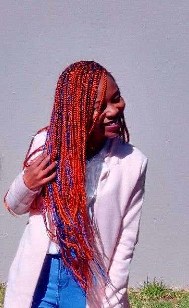 When you mix blue & orange Orange And Blue Braids, Mixed Colored Braids, Orange Braids, Purple Box Braids, Purple Braids, Colored Braids, Orange Boxes, Orange Hair, Blue Beads