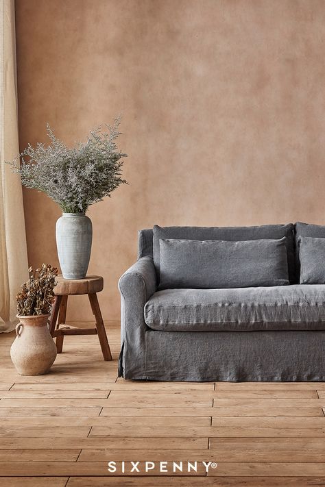 Dark Linen Sofa, Grey Linen Couch, Dark Grey Linen Sofa Living Room, Black Linen Couch, Grey Linen Sofa, Diy Sofa Cover, Linen Couch, Houston Houses, Rustic Sofa