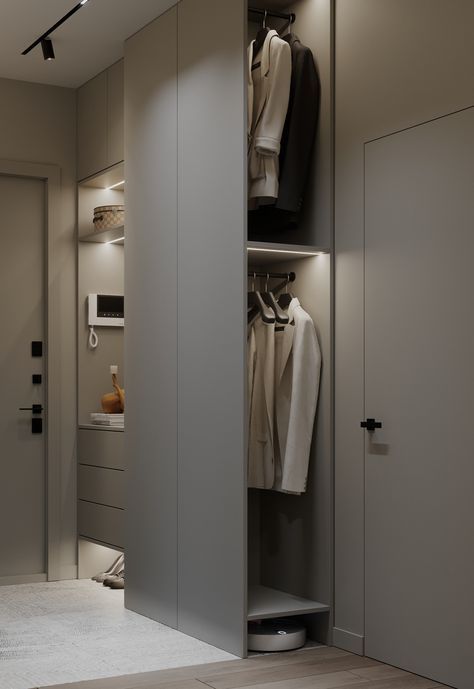 Closet For Hallway, Wardrobe Corridor Ideas, Small Hallway Design Ideas, Modern Entry Closet, Entrance Hall Wardrobe, Corridor Design Home, Entrance Layout, Corridor Furniture, Corridors Design Home