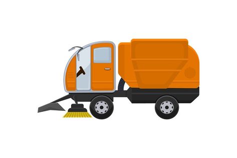 Road cleaning machine vector vehicle truck sweeper cleaner wash city streets illustration, vehicle van car excavator bulldozer tractor lorry transportation isolated on background. Streets Illustration, Street Sweeper, Truck Icon, Van Car, City Streets, Tractor, Transportation, Stock Vector, Trucks