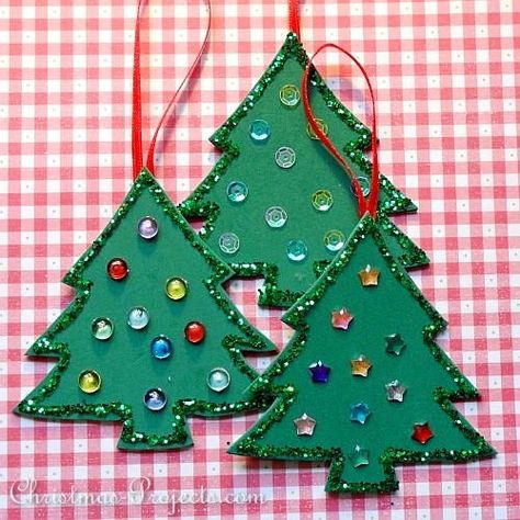 "Kids can add some sparkle to the Christmas tree by making lovely ornaments such as these." Foam Christmas Tree, Christmas Tree Crafts Diy, Kids Tree Ornaments, Kids Christmas Crafts, Free Christmas Crafts, Christmas Sunday School, Easter Tree Ornaments, Christmas Tree Crafts, Easy Christmas Crafts