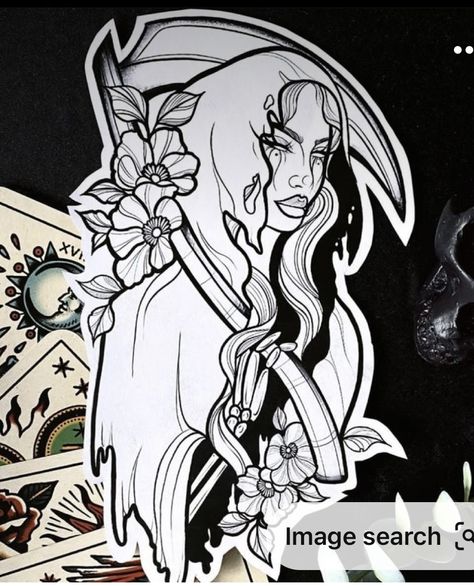 Female Grim Reaper, Grim Reaper Drawing, Chicanas Tattoo, Traditional Tattoo Designs, Grim Reaper Tattoo, Reaper Tattoo, Sharpie Tattoos, Tattoo Outline Drawing, Fantasy Tattoos