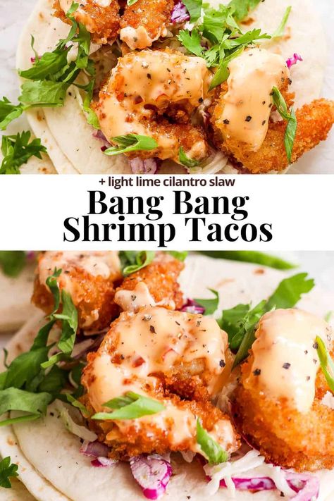 Bang Bang Shrimp Tacos - The BEST bang bang shrimp taco recipe! Delicious, crispy shrimp with a classic bang bang sauce   cilantro lime slaw! #bangbangshrimptacos #bangbangshrimptacoseasy #bangbangshrimptacoswithslaw #bangbangshrimptacosrecipe #bangbangshrimptacoswithcabbageslaw Bang Bang Shrimp Tacos With Slaw, Bang Bang Sauce For Shrimp, Air Fryer Bang Bang Shrimp Tacos, Bang Bang Shrimp And Sausage Skewers, Shrimp For Tacos, Breaded Shrimp Recipes, Breaded Shrimp Tacos, Asian Shrimp Tacos, Popcorn Shrimp Tacos