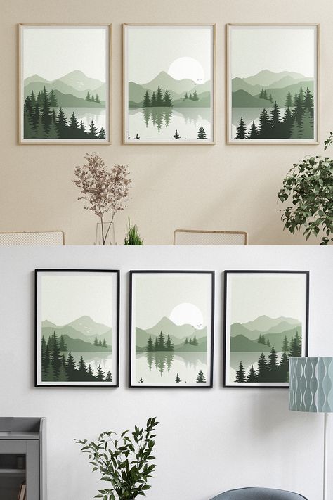 Green Watercolor Art, Graphic Mountain Art, Set Of Three Paintings, Triptych Art Ideas, Three Canvas Painting, Mountain Lake Painting, Wall Art Trees, Multiple Canvas Paintings, Trees Scenery