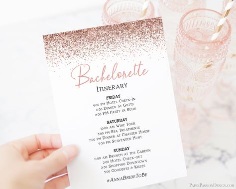 Bridal Shower Schedule, Shower Schedule, Party Timeline, Bachelorette Weekend Itinerary, Hens Party Invitations, Rose Gold Bridal Shower, Bachelorette Weekend Invitations, Order Of Events, Bachelorette Itinerary