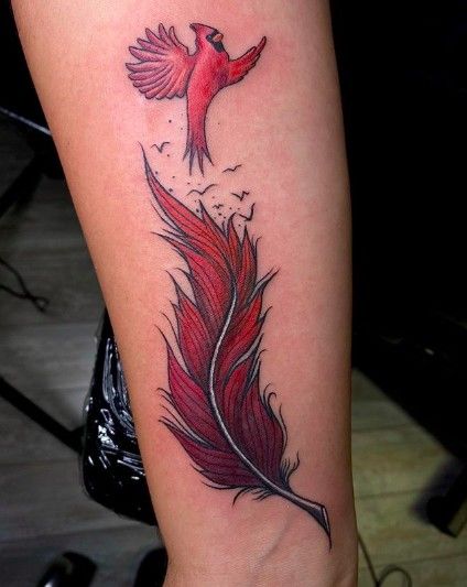 Cardinal Remembrance Tattoos, Red Bird Tattoos For Women, Cardinal Feather Tattoo Memorial, Red Feather Tattoo, Cardinal Tattoos For Women, Cardinal Feather Tattoo, Small Cardinal Tattoo Memorial, Parrot Tattoos, Red Cardinal Tattoos