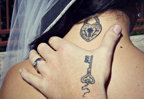 Key and Locket Tattoos Small Key Tattoos, Keys Tattoo, Lock Key Tattoos, Tattoo Key, Key Tattoo Designs, Lock Tattoo, Locket Tattoos, Him And Her Tattoos, Best Couple Tattoos