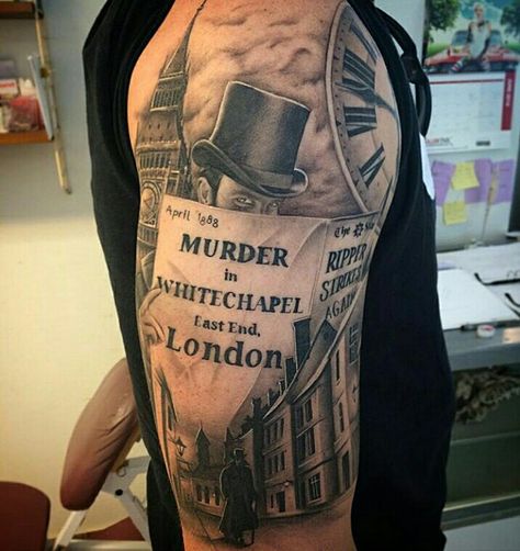 Jack the ripper Jack The Ripper Tattoo, Timeline Tattoo, Ripper Tattoo, Big Ben Tattoo, Cool Little Tattoos, British Tattoo, Reading The Newspaper, Skull Sleeve Tattoos, Skull Sleeve