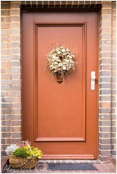 Front door #doors #design #color                                                                                                                                                     More Burnt Orange Exterior Door, Orange Front Door Colors, Burnt Orange Front Door, House Desert, Orange Front Door, Orange Front Doors, Exterior Door Colors, Door Colour, Orange Door