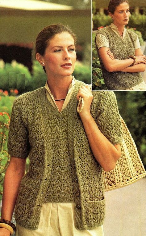 Ladies knitting pattern in DK. Cardigan, top, twin set, lacy pattern. #Patons Ladies Knitting Patterns, Womens Knitting Patterns, Pattern Cardigan, Dance Movies, 80s Sweater, Vintage Knitting Patterns, Motif Vintage, Patterned Cardigans, Set Patterns