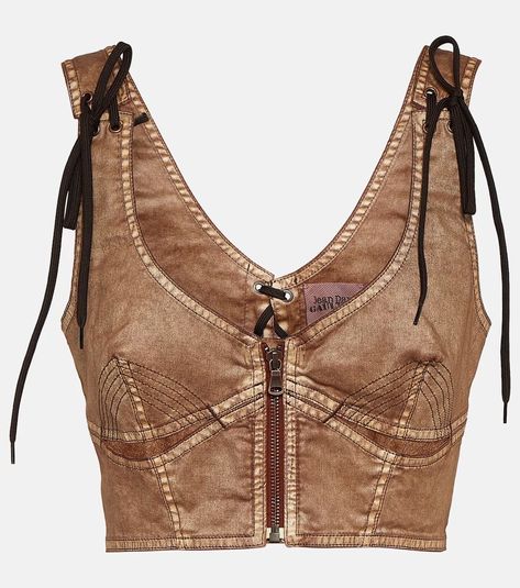 x KNWLS cropped denim corset top in brown - Jean Paul Gaultier | Mytheresa Jeans Patch, Denim Corset Top, Brown Jeans, Denim Corset, Chanel 2, Cone Bra, Corset Style, Paul Gaultier, Cropped Denim