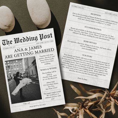 Extra! Extra! Introducing our "The Wedding Post" Wedding Newspaper Invitation, a unique and captivating way to announce your special day to friends and family. Inspired by vintage newspapers, this one-of-a-kind invitation will transport your guests back in time, setting the stage for a wedding celebration filled with nostalgia and charm.  Our "News of Love" Wedding Newspaper Invitation is designed to resemble a classic newspaper, complete with headlines, articles, and even personal stories about the happy couple. The invitation features elegant typography and vintage-inspired illustrations, evoking the romanticism of a bygone era while adding a touch of whimsy to your wedding announcement.  Each section of the newspaper-style invitation contains essential details of your wedding, such as t The Wedding Post, Newspaper Wedding Invitations Vintage, Wedding News Paper Ideas, Wedding Newspaper Invitation, News Paper Wedding Program, Wedding Newsletter, Wedding Invitations Creative, Newspaper Invitation, Newspaper Wedding Invitations