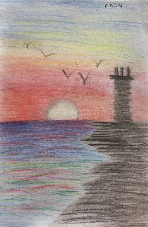 #sunset #lighthouse #blending #sea #sky #sun #birds #drawing #pencil #colour Drawing Sky Pencil, Colour Pencil Drawing Easy Ideas, Birds Drawing Pencil, Sea Drawing Pencil, Sky Drawing Pencil, Sunset Pencil Drawing, Pencil Colour Sketches Easy, Sunset Drawing Pencil Sketch, Sunset Drawing Easy