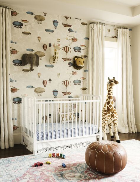 Stunning West University House Redo Shows Off the Power of Wallpaper and a Young Houston Couple’s Daring — Jewelry For the Home Baby Room Color Palette, Playroom Ceiling, Ceiling Wallpaper Ideas, Nursery Room Colors, Jungle Themed Nursery, Dallas House, University Housing, Baby Room Colors, Ceiling Wallpaper