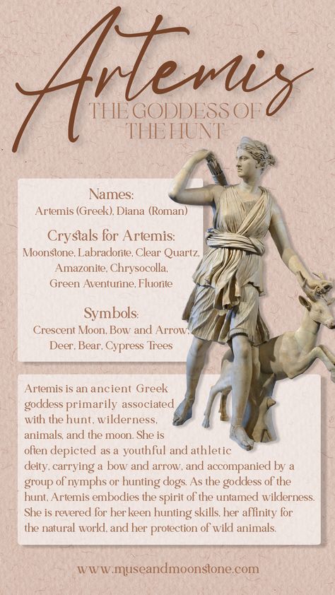 Artemis - The Goddess of the Hunt Infographic Crystals For Artemis, Artemis Art Moon Goddess, Naiad Greek Mythology, Atermis Goddess, Signs Of Artemis, Altar For Artemis, Greek Gods Artemis, Artemis Goddess Of The Hunt, Symbols Of Artemis