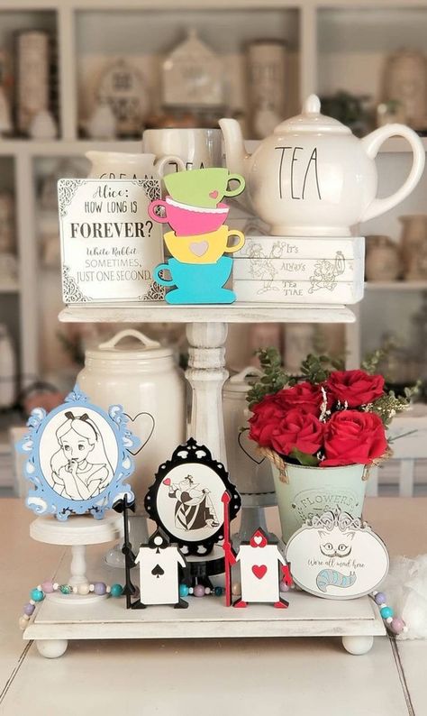 Alice in Wonderland Tiered Tray Signs Tiered Tray Signs | Etsy Alice And Wonderland Home Decor, Alice In Wonderland Coffee Bar, Disney Tiered Tray, Disney Tiered Tray Decor, Alice In Wonderland Kitchen, Alice In Wonderland Home Decor, Wonderland Bathroom, Wood Tiered Tray, Cat Decorations