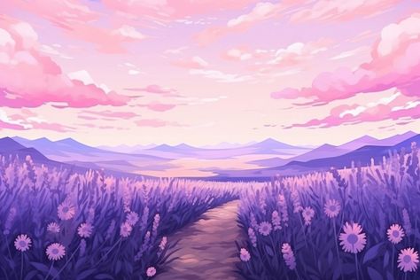 Flower Wallpaper Landscape, Lavender Scenery, Purple Landscape Painting, Lavender Landscape, Purple Field, Purple Landscape, Cloud Sunset, Bedroom Paintings, Light Purple Background