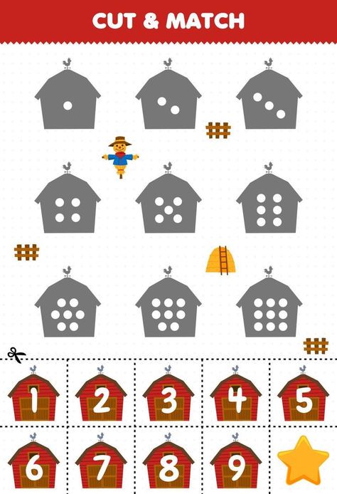 Educational game for kids count the dots on each silhouette and match them with the correct numbered barn printable farm worksheet Farm Worksheet, Farm Printable, Counting For Kids, Farm Preschool, Preschool Activities Toddler, Farm Activities, Educational Games For Kids, Game For Kids, Educational Worksheets