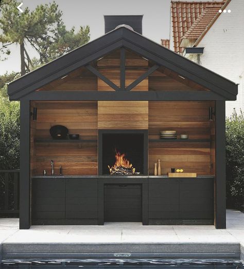 Urban Kitchen Design, Diy Outdoor Fireplace, Outdoor Barbeque, Bbq Grill Design, Backyard Kitchen, Contemporary Cottage, Home Decoration Ideas, Indoor Fireplace, Modern Fireplace