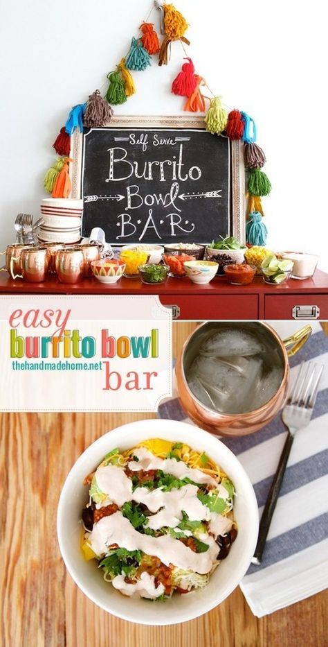 easy_burrito_bowl_bar_idea Burrito Bowl Bar, Super Easy Party Food, Luchador Party, Easy Burrito Bowl, Entertaining Meals, Burrito Bar, Bagel Bar, Homemade Chipotle, Food Bar