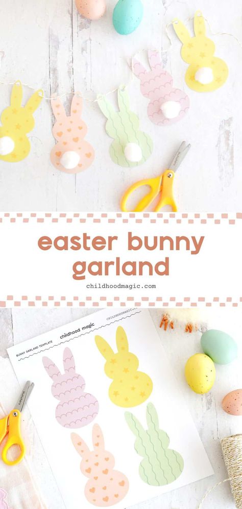 Easter Bunny Garland Craft (With Free Printable!) - Childhood Magic Easter Garland Craft For Kids, Free Printable Easter Decorations, Bunny Birthday Decor, Easter Garland Diy, Easter Bunny Printable, Easter Bunny Garland, Easter Countdown, Garland Craft, Kids Food Crafts