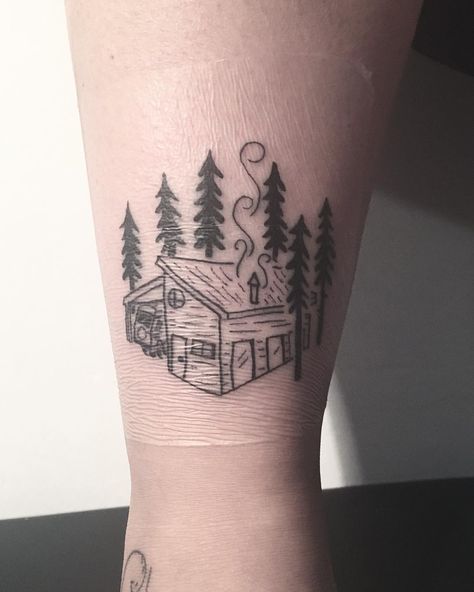 Cabin Tattoo, House Tattoos, House Tattoo, Camp House, About Tattoo, Old Cottage, Home Tattoo, Tree Tattoo, Tattoo Inspo