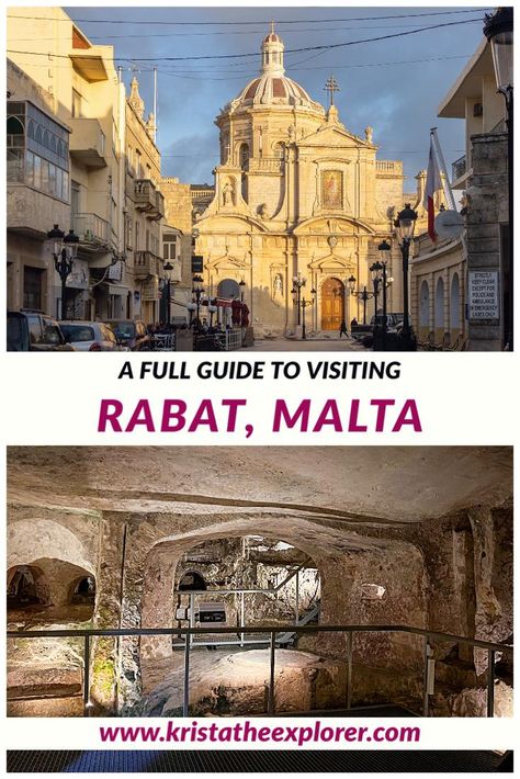 View of a large church at the end of a street at sunset. St Paul's Catacombs in Rabat, Malta. Rabat Malta, Malta Travel, Beautiful Spaces, Rooftop Bar, Best Places To Eat, Beautiful Space, Maltese, Malta, Travel Blogger