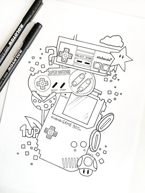 Super Mario Sketch, Nintendo Tattoo Ideas, Pokemon Drawings Sketches, Nintendo Tattoo, Drawing Outlines, Tattoo Graffiti, ليلو وستيتش, Cartoon Tattoo, Doodle Art Journals