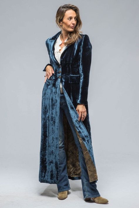 Liona Long Classic Silk Velvet Coat In Sapphire - AXEL'S Velvet Coat Outfit, Tulle Blouse, Velvet Dress Designs, Long Black Coat, Velvet Coat, Folk Fashion, Velvet Fashion, Abayas Fashion, Silk Velvet