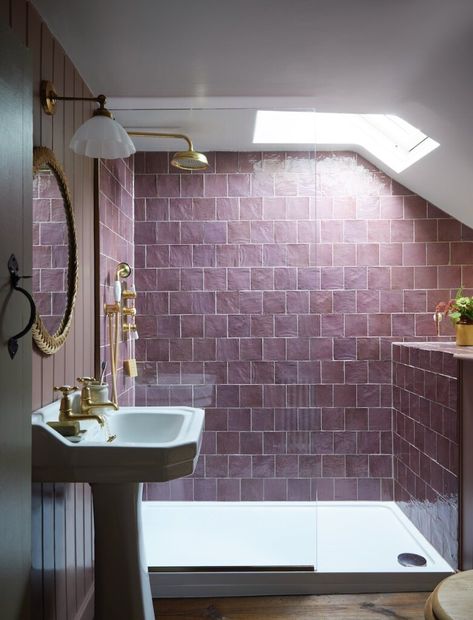 Quintessentially English … again Purple Tiled Bathrooms, Purple Tile Shower, Overstuffed Armchair, English Townhouse, Tiled Bathrooms, Colorful Bathrooms, Purple Tile, Roll Top Bath, Country Style Kitchen