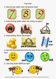 King Josiah Worksheet @ Bible Fun For Kids Scripture Crafts, Bible People, Bible Board, King Josiah, Old Testament Bible, Sabbath School, Bible Story Crafts, Sunday School Kids, Preschool Bible