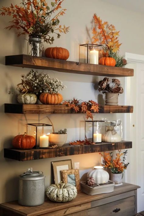 25 Fall Decor Shelves Living Room Ideas Fall Shelf Decor Ideas, Fall Shelf Decor, Autumn Living Room, Autumn Interior, Fall Room Decor, Shelf Decor Living Room, Fall Living Room, Fall Decor Inspiration, Autumn Display