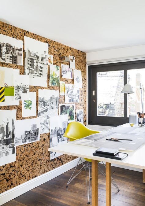 WFH? This on-trend cork board wall can grace your home office in five easy steps #homeoffice #workingfromhome #desk #corkboard #realhomes Cork Board Office Wall, Pinboard Wall Ideas, Framed Cork Board Wall Ideas, Chalk And Cork Board Wall, Cork On Walls, Photo Collage Wall Cork Board, Cork Walls Office, Cork Vision Board Ideas, Diy Mood Board Wall