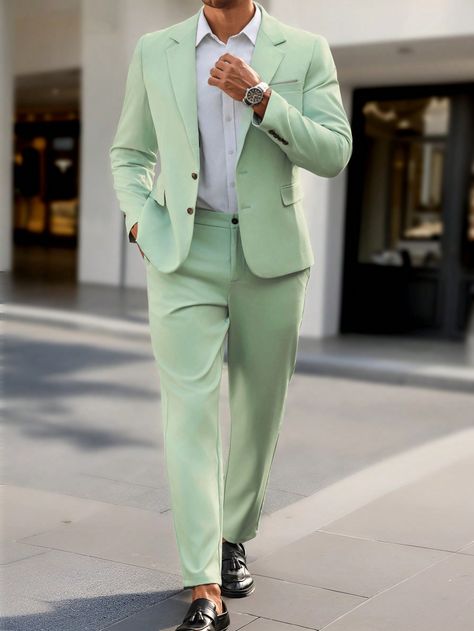 Plus Size Men's Solid Color Blazer & Pants Suit Set Green Casual    Plain  Non-Stretch  Men Plus Size Clothing, size features are:Bust: ,Length: ,Sleeve Length: Dark Blue Suit, Men Sport Pants, Trendy Business Casual, Womens Business Casual, Men Plus Size, Pants Suit, Mens Winter Fashion, Double Breasted Blazer, Casual Trousers