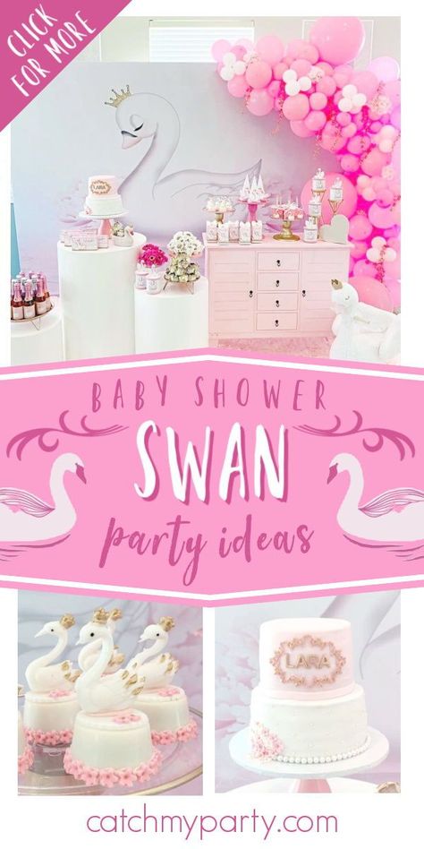 Swoon over this gorgeous swan-themed baby shower! The dessert table is beautiful! See more party ideas and share yours at CatchMyParty.com Swan Baby Shower Ideas, Princess Baby Shower Cake, Butterflies Party, Baby Shower Party Planning, Swan Baby Shower, Bird Party, Swan Princess, Birthday Party Activities