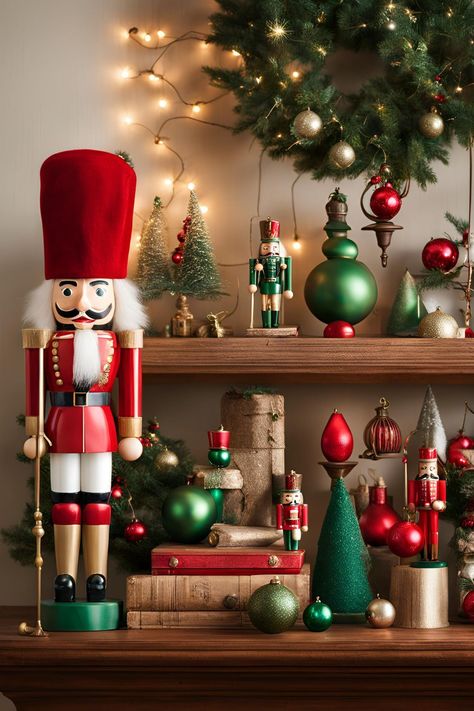 Vintage nutcracker decorations arranged with classic ornaments and garlands, creating a warm and nostalgic Christmas display. Vintage Nutcracker Christmas, Nutcracker Christmas Display Ideas, Nutcracker Christmas Display, Displaying Nutcrackers At Christmas, How To Display Nutcracker Collection, Decorating With Nutcrackers, Piano Christmas Decor, Nutcracker Display Ideas, Nutcracker Display