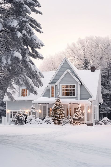 Winter Farmhouse Exterior, Snow House Aesthetic, Winter Cabin Exterior, Winter Home Exterior, House In Snow, Snowy House, Winter Houses, Winter House Exterior, Sky Window