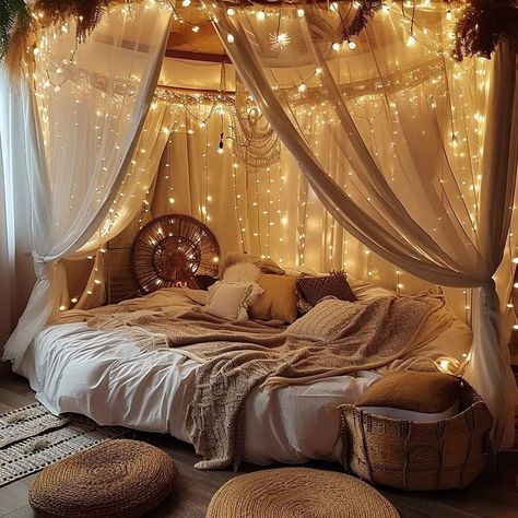 Boho Dreamland: Bed Adorned with Elegant Curtains, Lights, and Hanging Plants Round Canopy Bed, Rattan Blanket, Bedding Cream, Ottoman Wood, Nyc Bedroom, Romantic Bedrooms, Dream Bedroom Inspiration, Wood Canopy, Cream Bedding