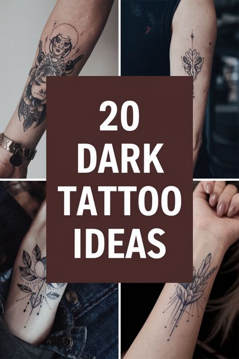 20 dark tattoo ideas displayed with various intricate designs on different parts of the body. Small Moody Tattoos, Dark Tattoo Ideas Female, Dark And Moody Tattoo, Weirwood Tattoo, Dark Best Friend Tattoos, If You Go I Wanna Go With You Tattoo, Goth Knee Tattoos, Horror Tattoos For Women, Eerie Tattoos