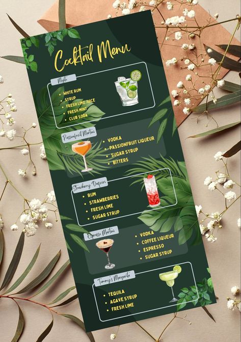 Wedding/party cocktail bar menu card template with a tropical-themed design! Fully editable Canva template to allow you to adjust to your required colour scheme/drink menu needs! Template Size: 9 x 20 cm - if you require a different size, drop me a message & I can adjust to suit your requirements! The template will be available for download after purchase! -------------------- How to Use: 1. Add this listing to your cart OR click "buy now" 2. Checkout 3. Once payment is confirmed, download the P Cocktail Menu Design Wedding, Bar Menu Card Design, Party Cocktail Bar, Wedding Cocktail Bar, Drink Menu Design, Tequila Agave, Menu Card Design, Menu Card Template, Tequila Margarita