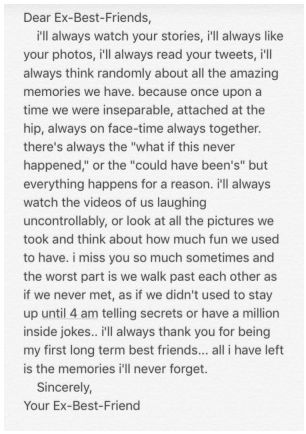 *sigh sigh sigh sigh* *cry cry cry cry* I miss you Rylee. You are so beautiful and sweet and I hope you are having a wonderful life. How To Get Your Ex Best Friend Back, How To Get Your Best Friend Back, Horrible Friends, Friends Leaving Quotes, Ex Best Friend Quotes, Cadette Badges, Goodbye Letter, Fake Friend Quotes, Ex Best Friend