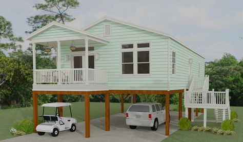 Exterior rendering of The Imperial • Model IMP-2403A  manufactured home on stilts House Plans On Stilts, Home On Stilts, Stilt Home, Manufactured Homes Floor Plans, 2 Bedroom Floor Plans, Mobile Home Floor Plans, Modular Home Floor Plans, 2 Bedroom House Plans, House On Stilts