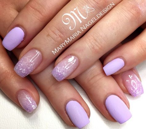 Lilac with Lilac Glitter Fade Lilac Manicure Lavender, Light Purple Wedding Nails For Bride, Short Square Lavender Nails, Lilac Bridal Nails, Nail Fade Designs, Short Lilac Nails, Lavender Wedding Nails, Lavender Nails With Glitter, Lilac Glitter Nails