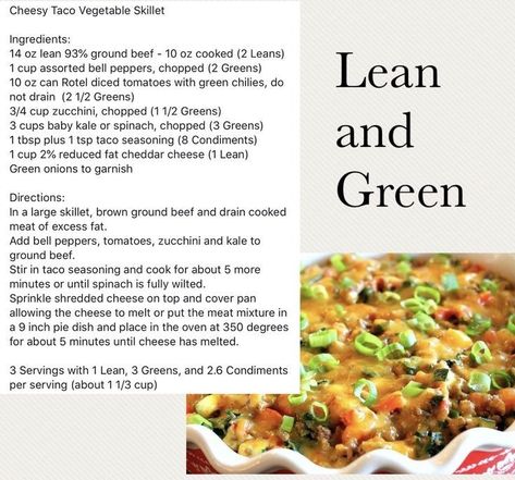 Lean and green recipes for the whole family. Check out all the lean and green taco recipes at www.staceyhawkins.com for more low carb, lean and green recipes. Lean Green Meals, Cheesy Taco Skillet, Taco Skillet, Medifast Recipes, Veggie Skillet, Lean Protein Meals, Lean And Green, Green Meals, Recipes Family