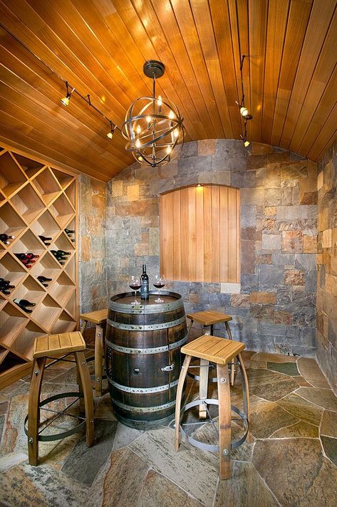 Connoisseur’s Delight: 20 Tasting Room Ideas to Complete the Dream Wine Cellar Contemporary Wine Cellar, Wine Barrel Table, Design Interior Modern, Wine Cellar Basement, Wine Cave, Home Wine Cellars, Barrel Table, Wine Tasting Room, Wine Cellar Design