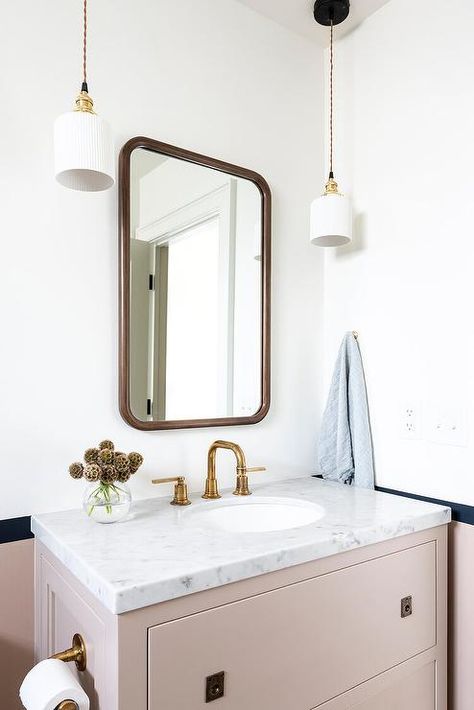 Pink Beige Bath Vanity with Honed White Marble - Transitional - Bathroom W Design Collective, Herringbone Tile Floors, Pink Vanity, W Design, Custom Furniture Design, Traditional Interior Design, Herringbone Floor, Bathroom Design Inspiration, White Marble Countertops