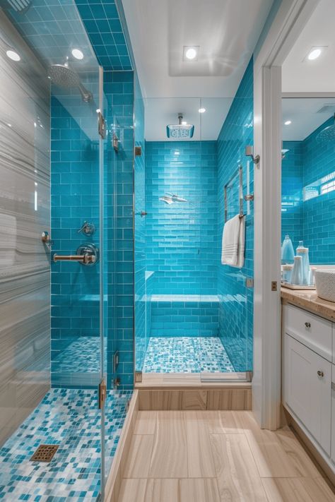 Get inspired by these stunning walk-in shower ideas for small bathrooms Statement Bathroom Ideas, Vintage Small Bathroom Ideas, Walkin Shower Ideas No Door, Walk In Shower Small, Shower Small Bathroom Ideas, Walk In Shower Small Bathroom, Shower Small Bathroom, Geometric Tiles Bathroom, Bathroom Inspo Interior Design