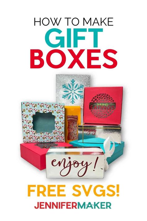 How to make gift boxes in several styles for treats, tumblers, and more Silhouette Cameo Boxes, Gift Box Template Free, Cricut Scoring Stylus, Box Template Printable, Jennifer Maker, Shein Gift Card, Mugs Unique, Projets Cricut, Gift Card Boxes